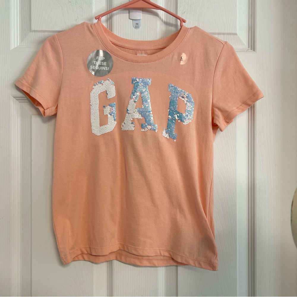 Gap‎ Kids T-shirt Girls Large 10 Peach Orange Sequin Logo NEW